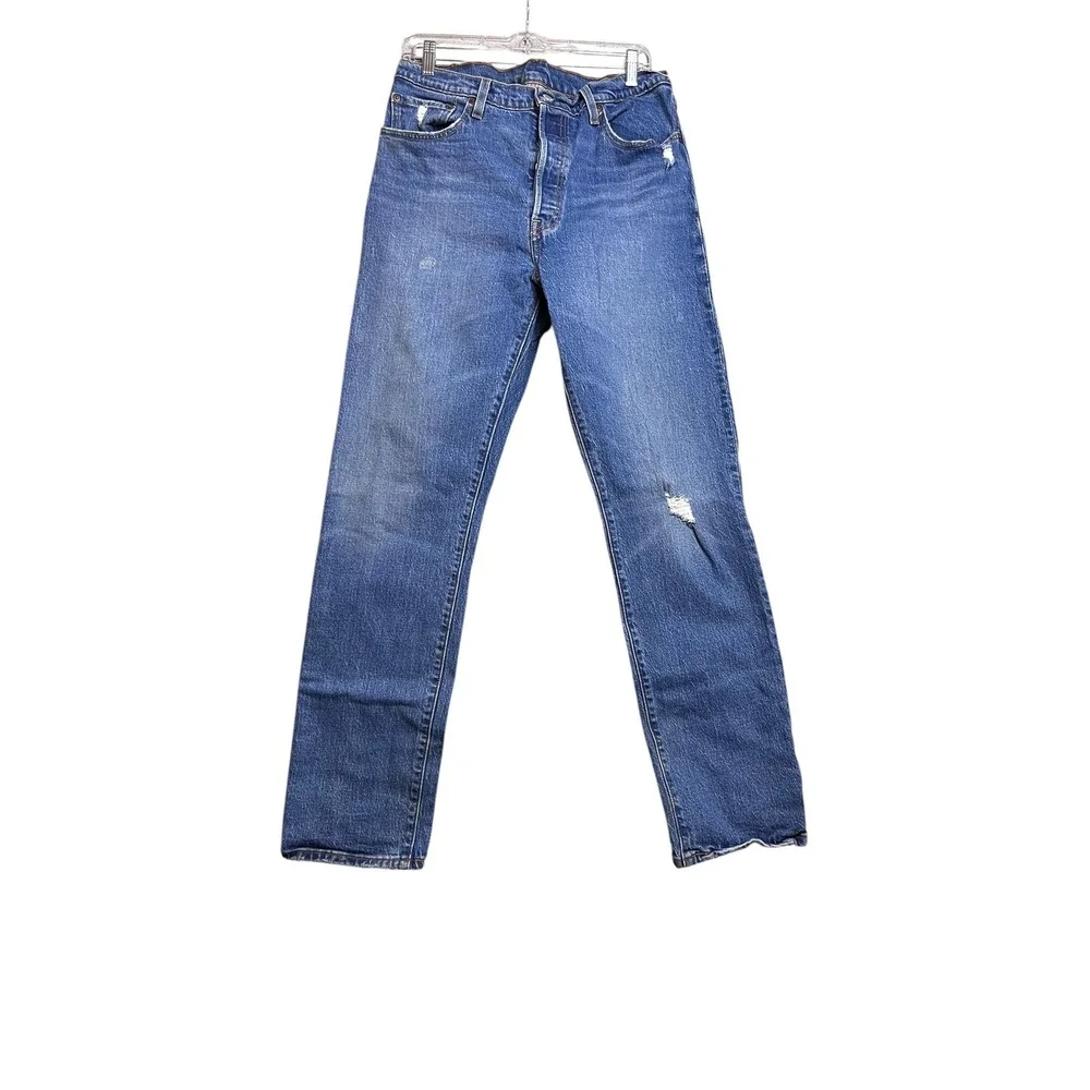 Levis 501 Original Fit Jeans Mens 33x32 Medium Wash Distressed Blue Denim 12501